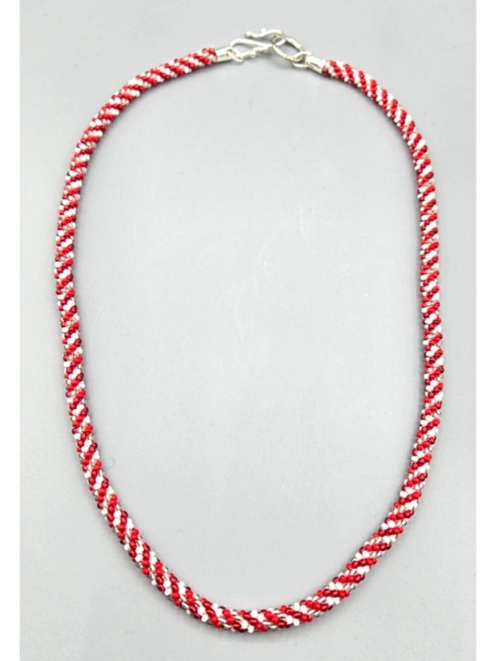 Handmade Red and White Small Seed Bead Kumihimo Necklace w/Lampwork Bead Pendant - Picture 3 of 6